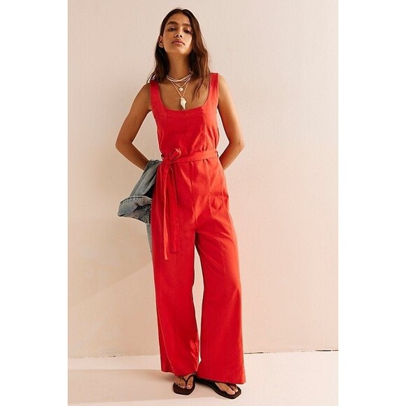 Free People Free-Est Kirstie Jumpsuit Wide Leg Crisscross Cotton Beach L 279425